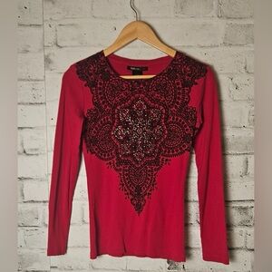 Style & Co Sport Red Embellished Long Sleeve Top Size S Cotton